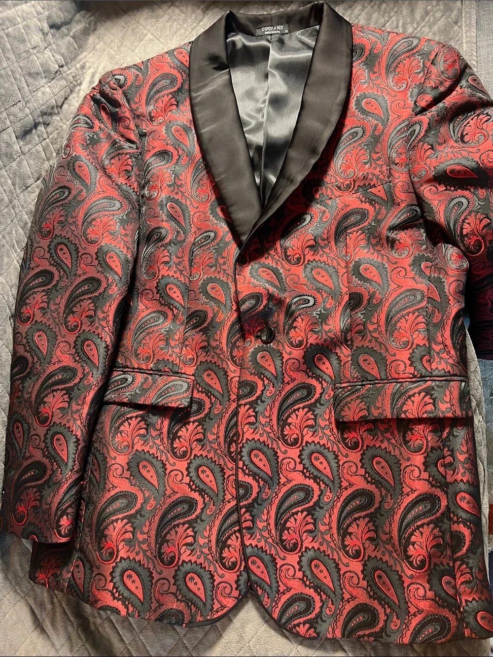 COOFANDY Men's Red & Black Paisley Shawl Lapel Tuxedo Jacket